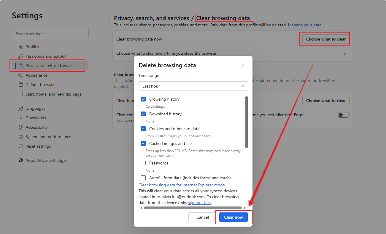 Clear caches in Microsoft Edge