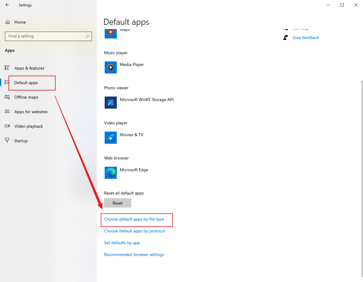 Go to Default apps and select the Choose default apps by file type in Windows’ Settings
