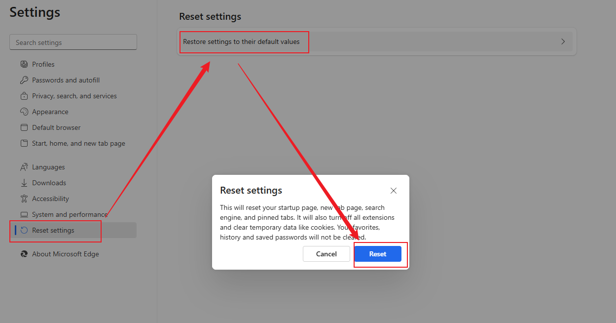Reset settings in Microsoft Edge