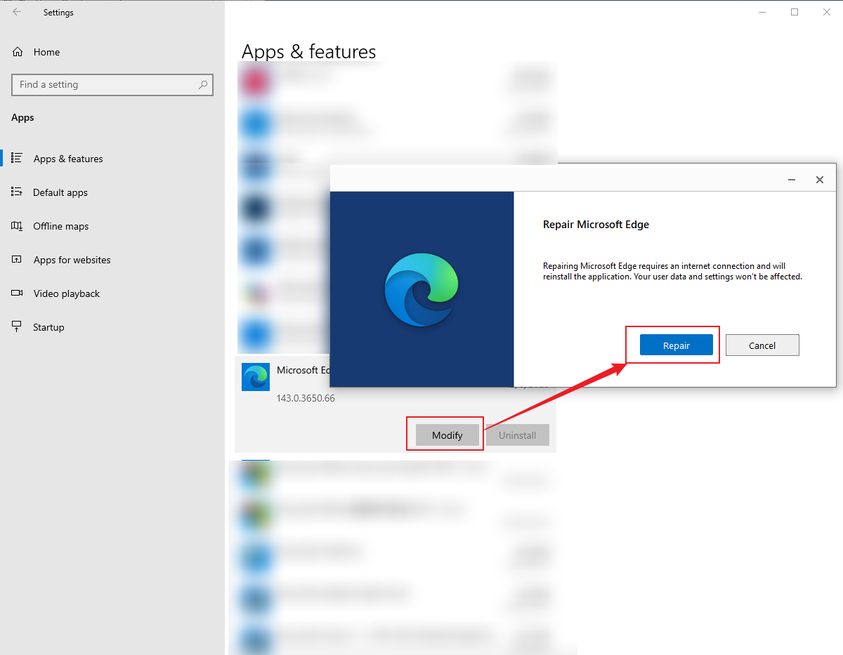 Repair Microsoft Edge in Windows’ Settings