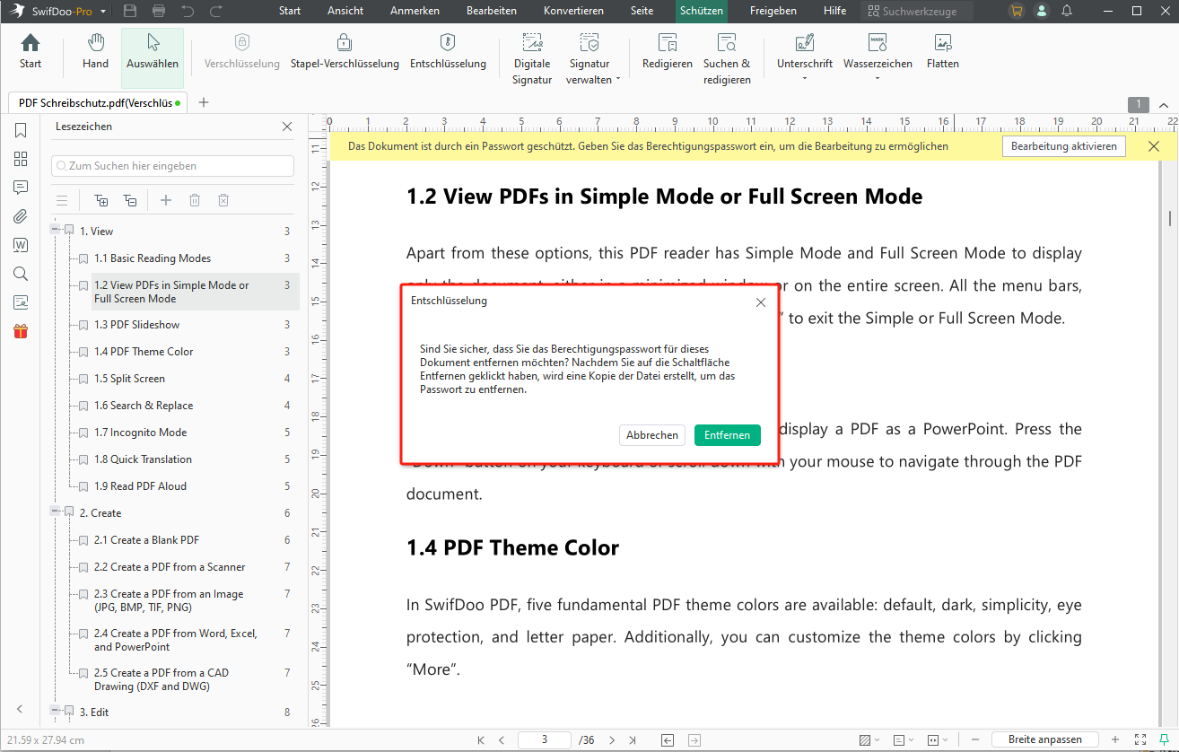 PDF Schreibschutz entfernen SwifDoo PDF