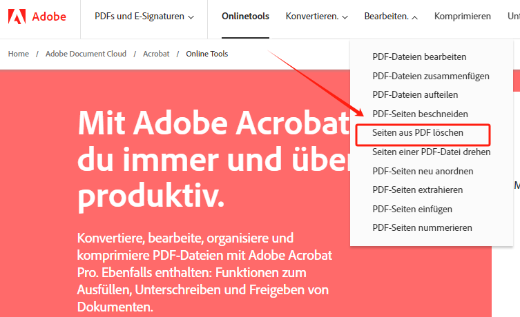 Rufen Sie den Online-Dienst von Adobe auf und suchen Sie das Tool PDF-Seiten löschen