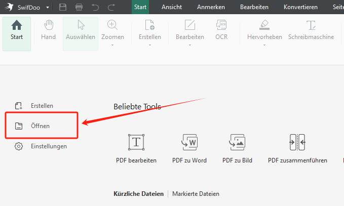 Starten Sie die SwifDoo PDF-Software und klicken Sie in der ersten Oberfläche auf Öffnen, um ein PDF-Dokument auszuwählen und zu öffnen. 