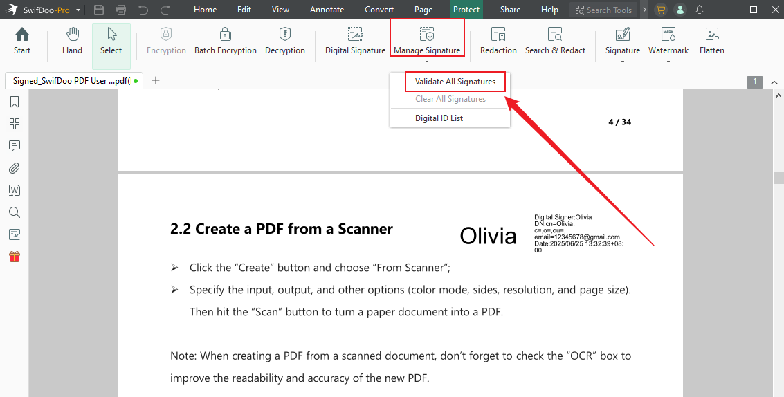 Go to Protect and click the Validate All Signatures option from the Manage Signatures list in SwifDoo PDF