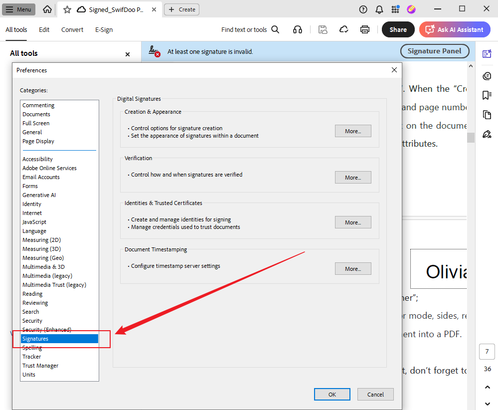 Click Preferences and hit the Signatures option in Adobe Acrobat