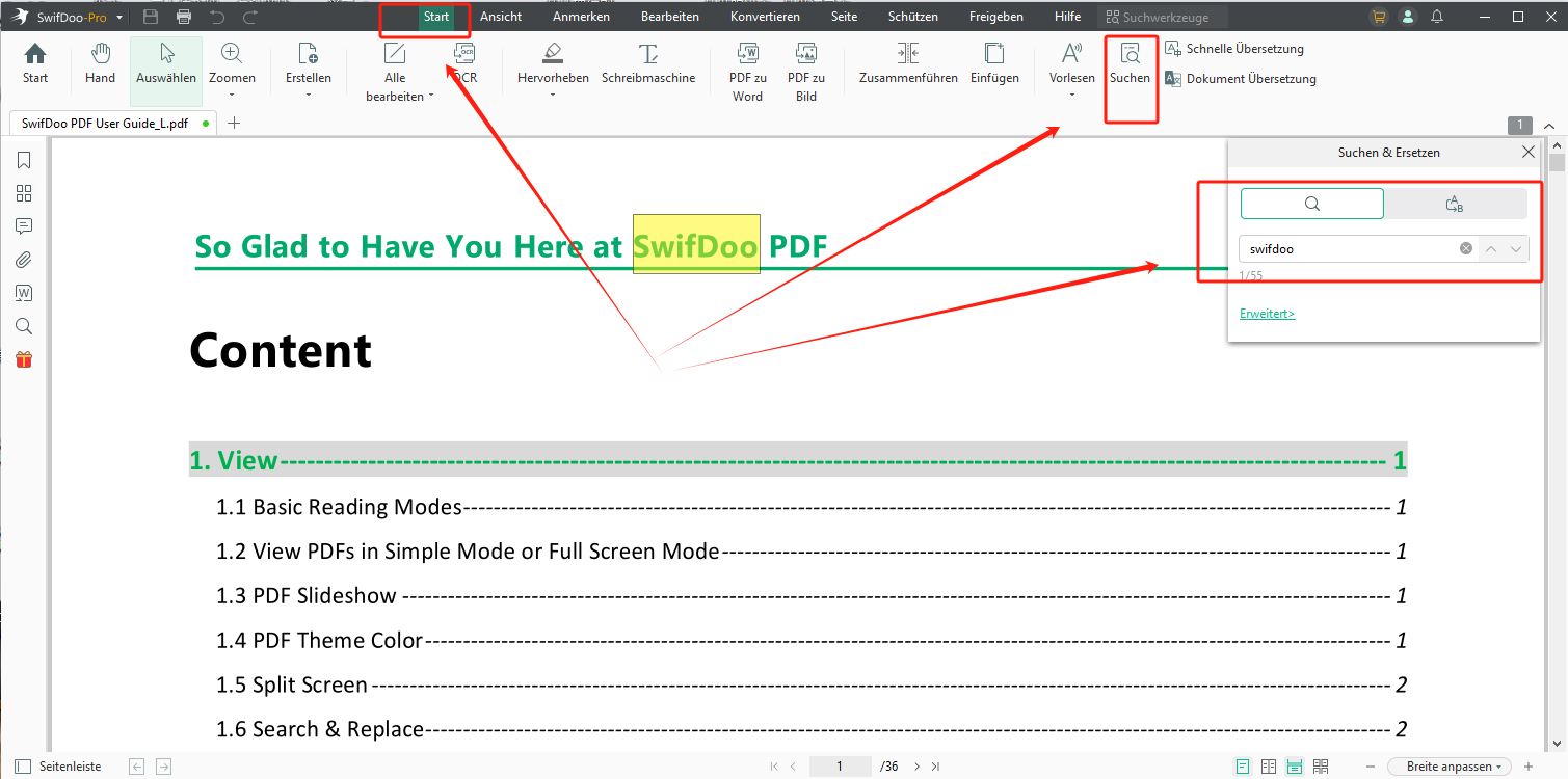 Suchen Sie PDF-Inhalte mit SwifDoo PDF