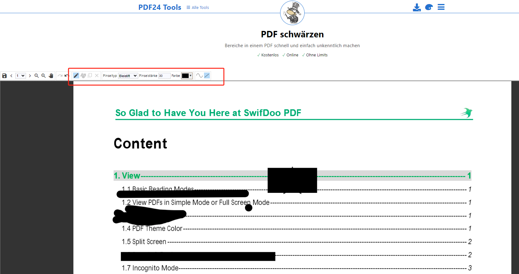 PDF online schwärzen PDF24