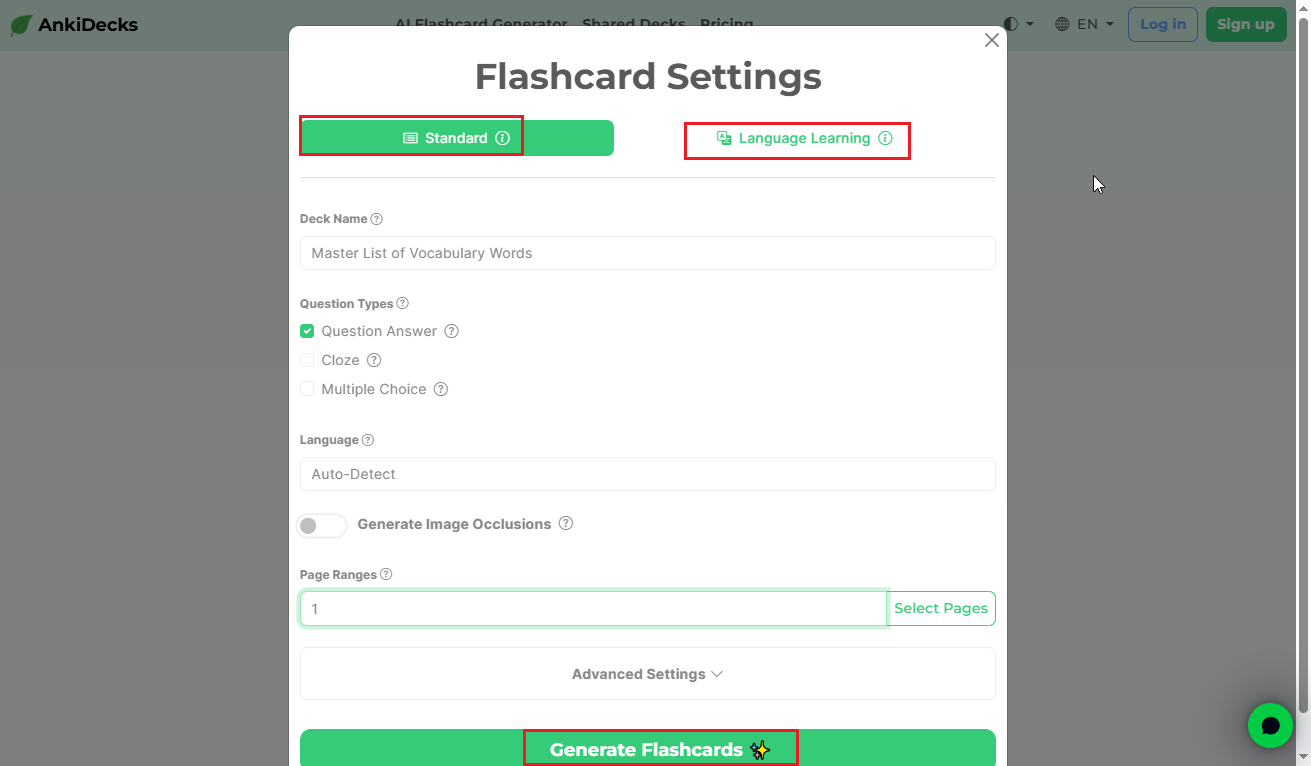 Customize the flashcard settings in AnkiDecks