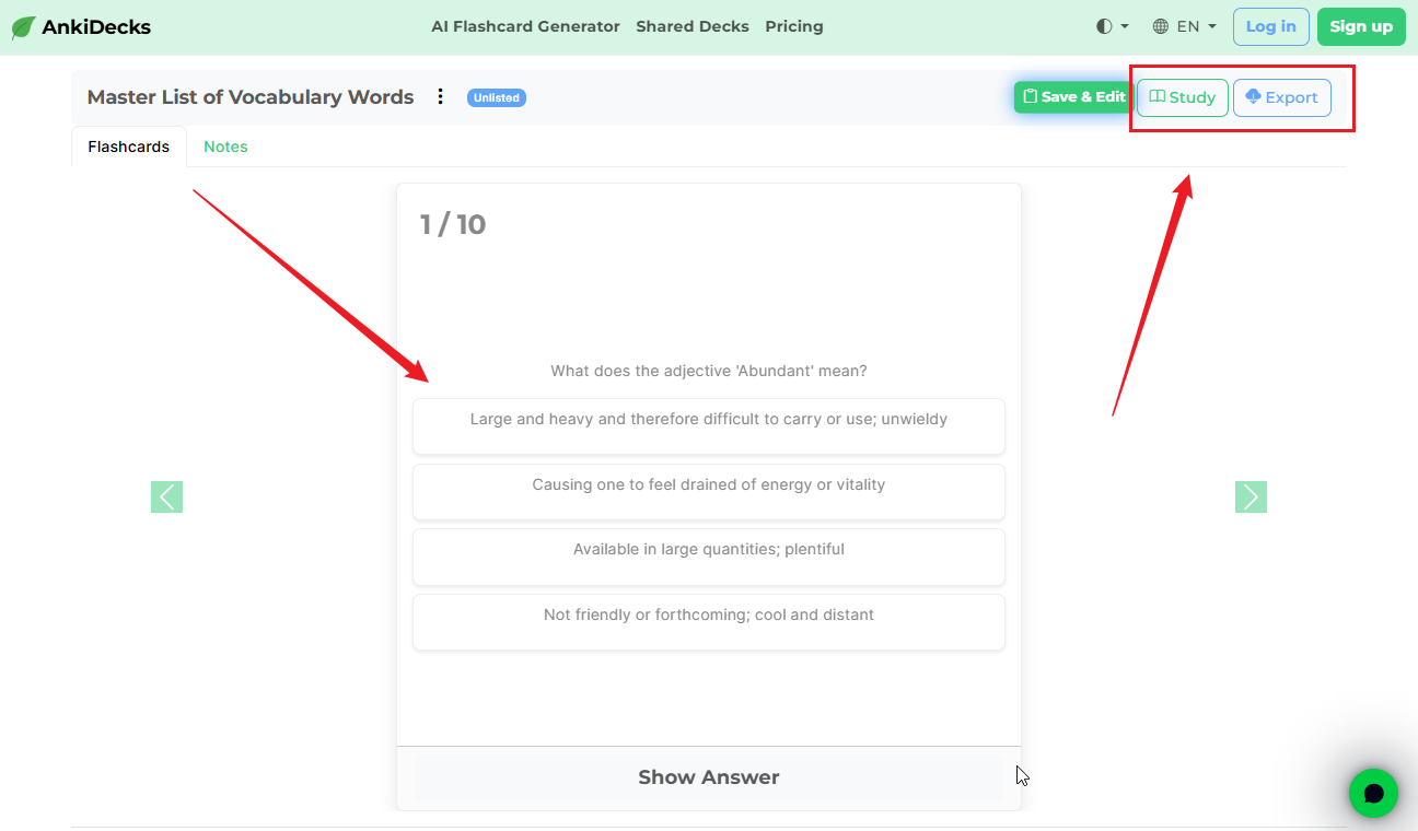 Study in AnkiDecks or click Export