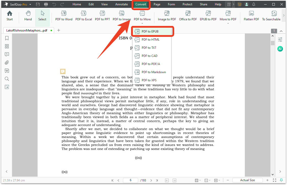PDF to EPUB swifdoo pdf