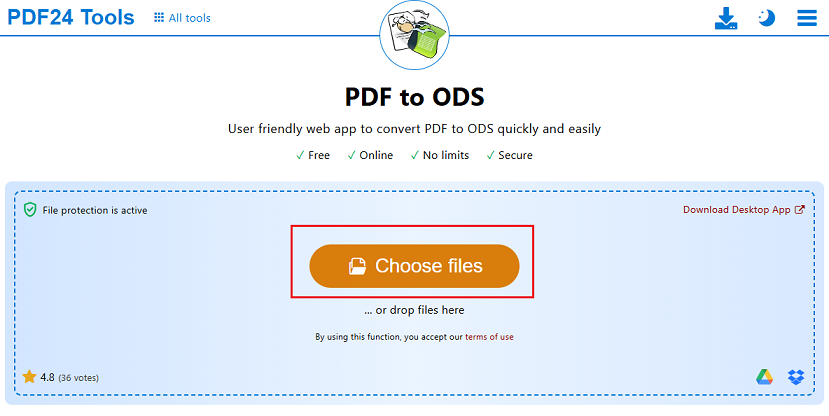 Click Choose files to import the target PDF into PDF24 for PDF to ODS conversion