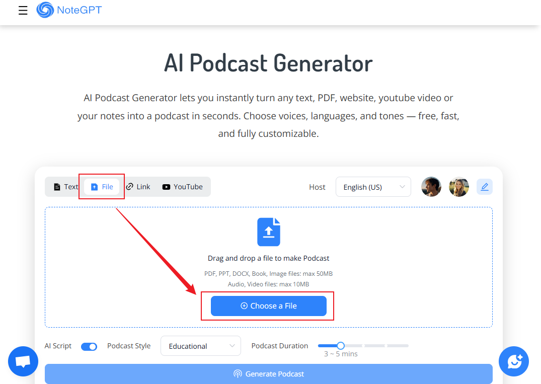 Click the Choose a File option under the File tab of NoteGPT AI Podcast Generator