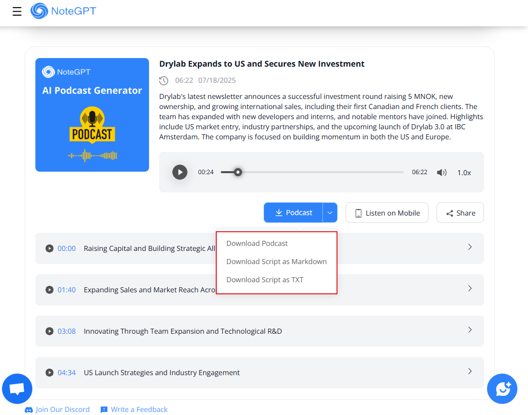Choose to download the podcast in NoteGPT