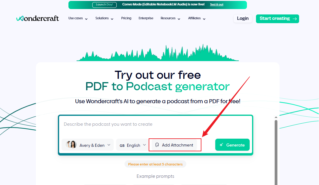 Click the Add Attachment option to import the PDF you want to convert to podcast into Wondercraft AI
