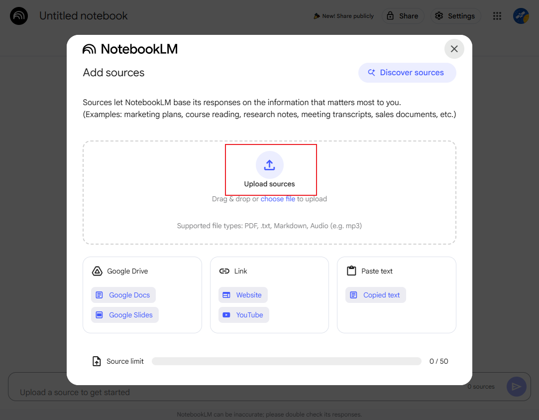 Click to upload the target PDF file into NotebookLM for PDF to podcast conversion