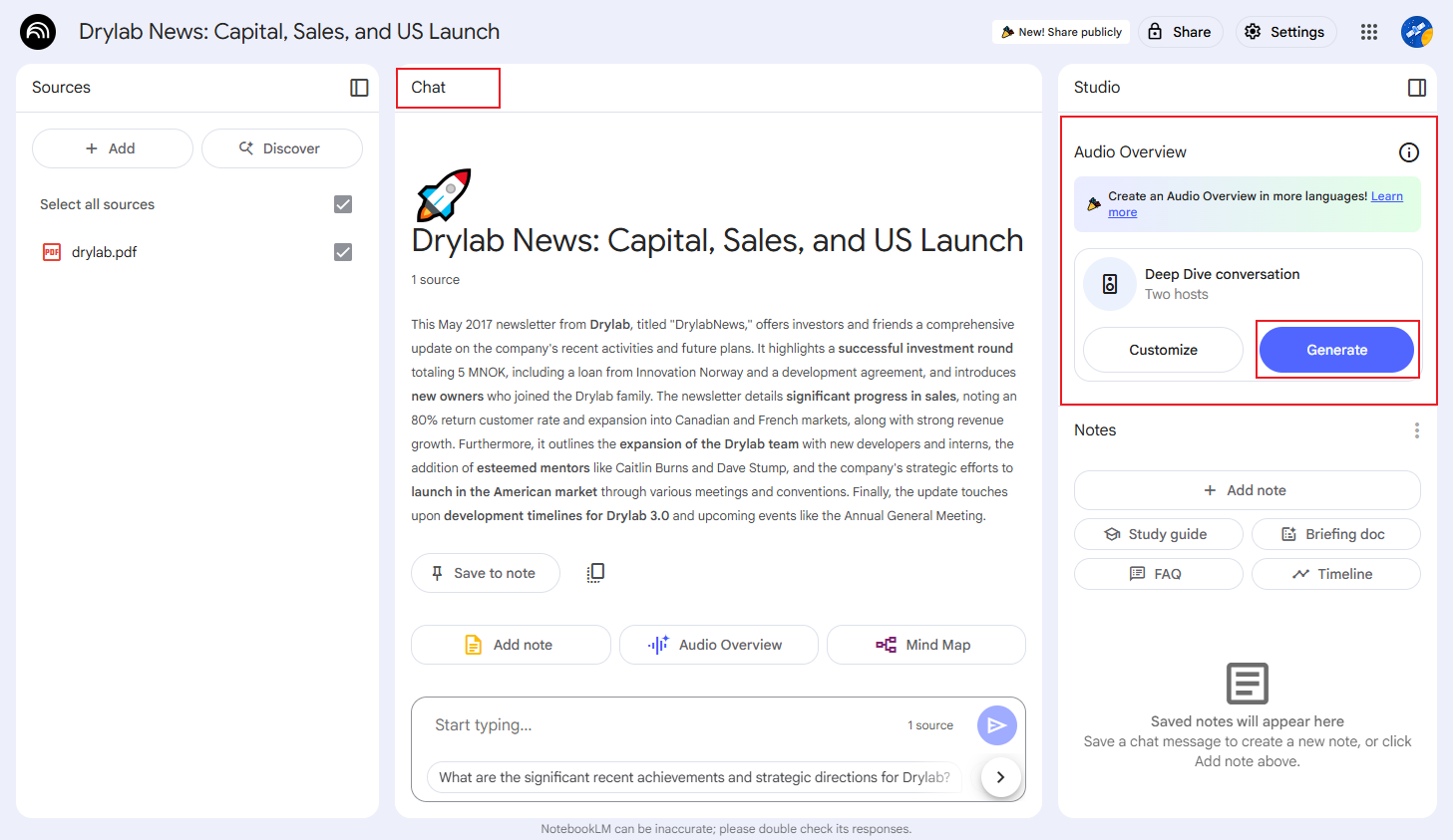 Click the Generate button in NotebookLM to activate the PDF to podcast conversion process