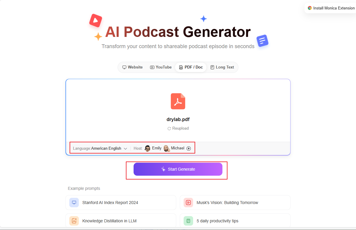 Select the language and host you prefer and then click the Start Generate button in Monica AI Podcast Generator