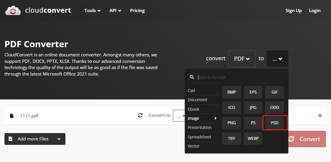 PDF to PSD Online in CloudConvert