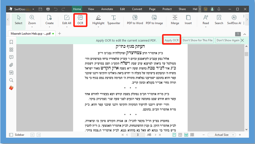 Convert PDF to Word in Hebrew with SwifDoo PDF 3