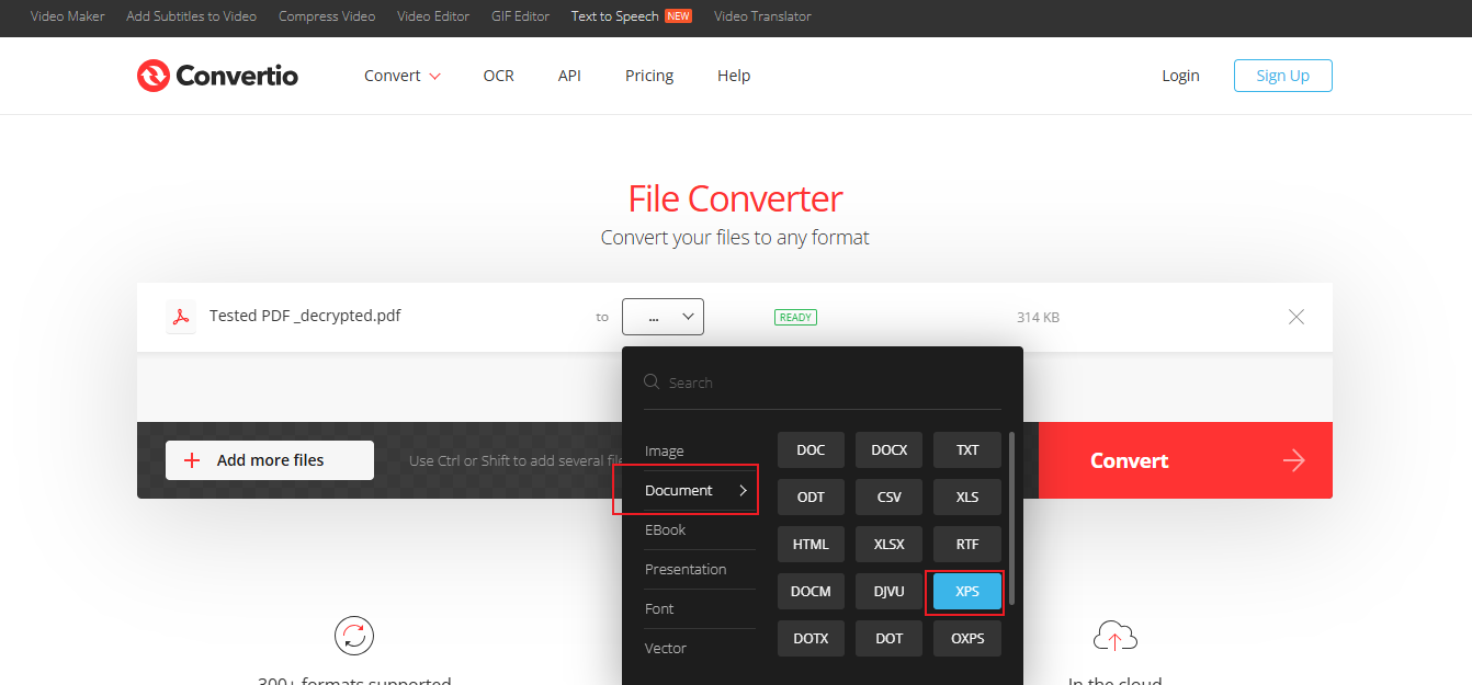 Select the XPS option from the Document list in Convertio