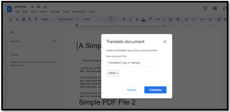 PDF translate from English to Hindi with Google Docs