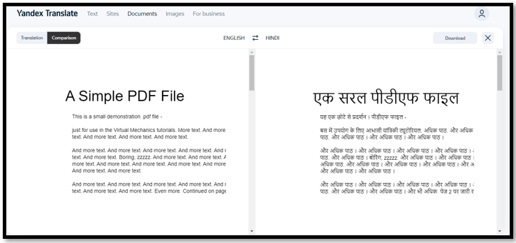 PDF translate from English to Hindi with Yandex