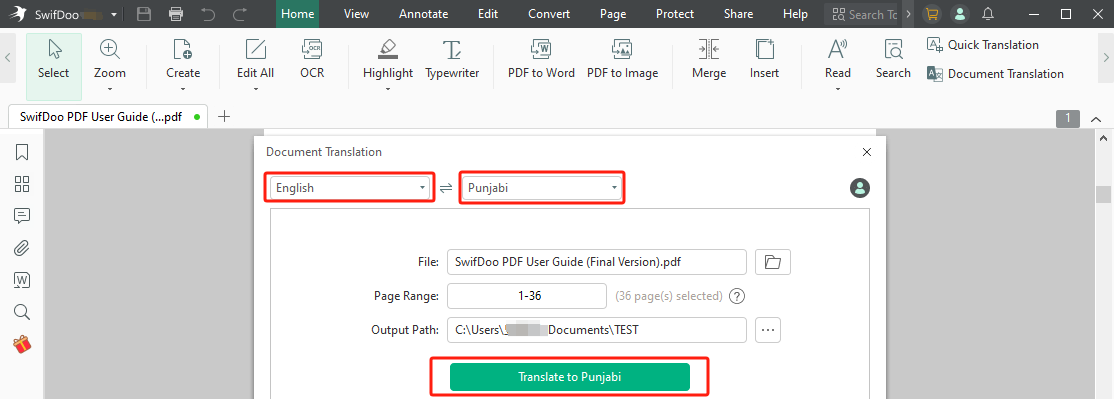 PDF translate English to Punjabi with SwifDoo PDF step 3