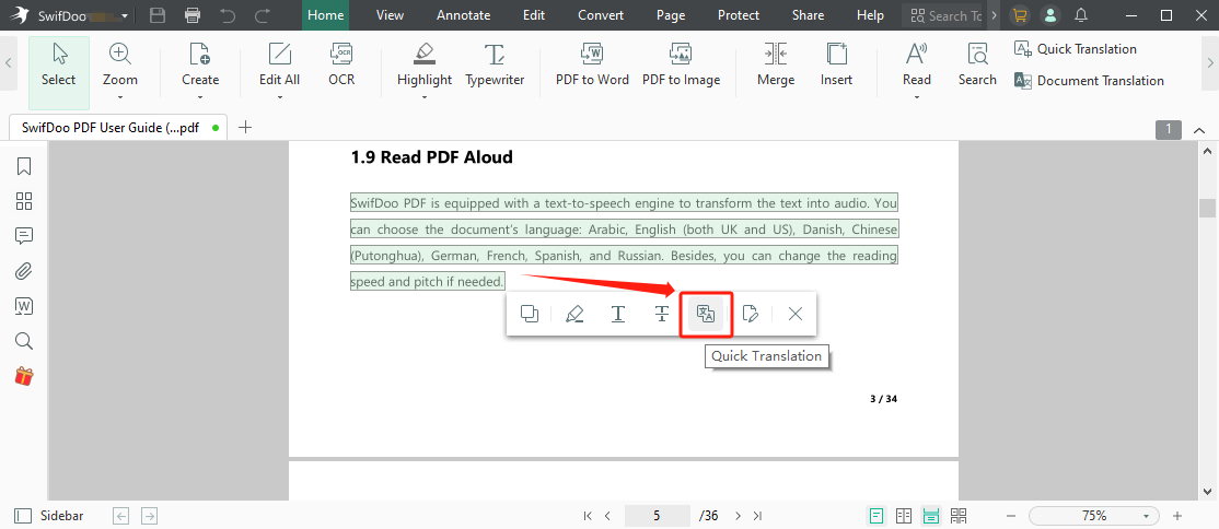 PDF translate English to Punjabi with SwifDoo PDF Quick Translation 1