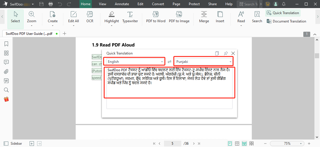 PDF translate English to Punjabi with SwifDoo PDF Quick Translation 2