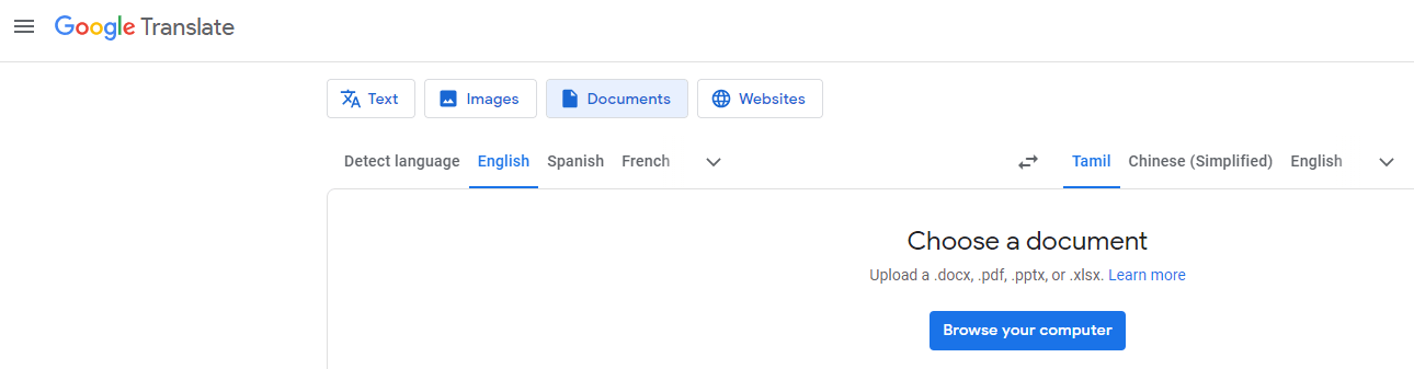 PDF Translate from English to Tamil with Google Translate