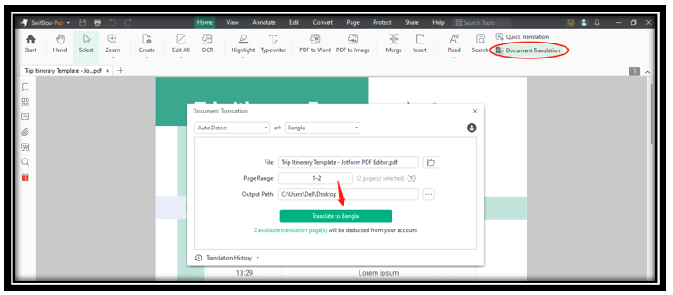 PDF translate from English to Bengali - SwifDoo PDF 2
