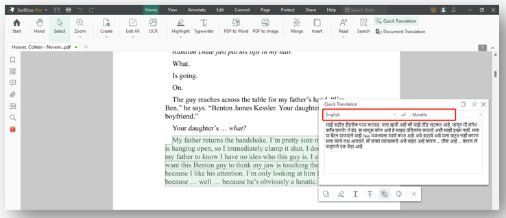 PDF translate from English to Marathi in SwifDoo PDF 2