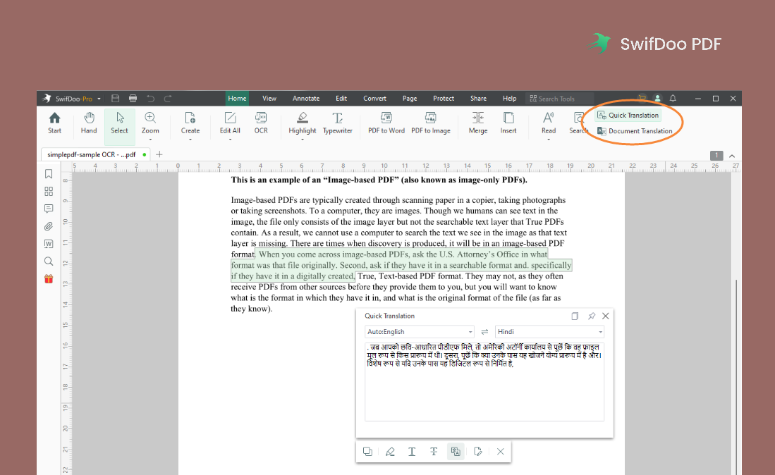 Choose the Quick Translation or Document Translation option in SwifDoo PDF