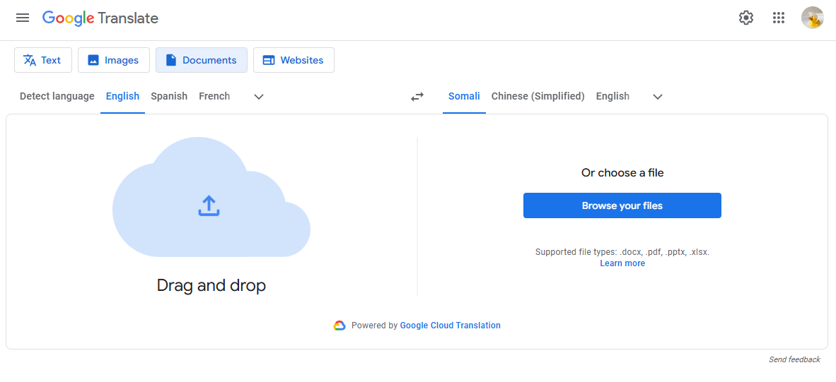 The interface of Google Translate