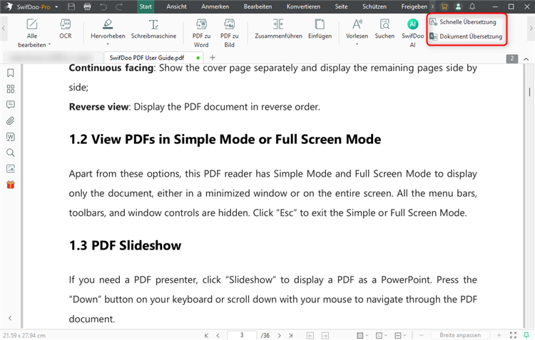 PDF mit mit SwifDoo übersetzen
