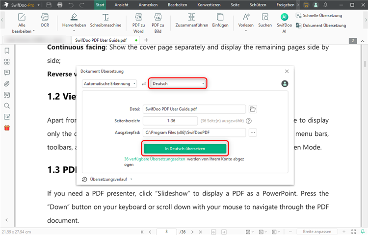Sprache einstellen in SwifDoo PDF