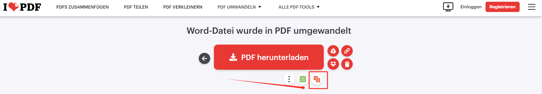 Ziehen Sie Ihr Word-Dokument per Drag & Drop auf die Workstation. Klicken Sie auf In PDF umwandeln;