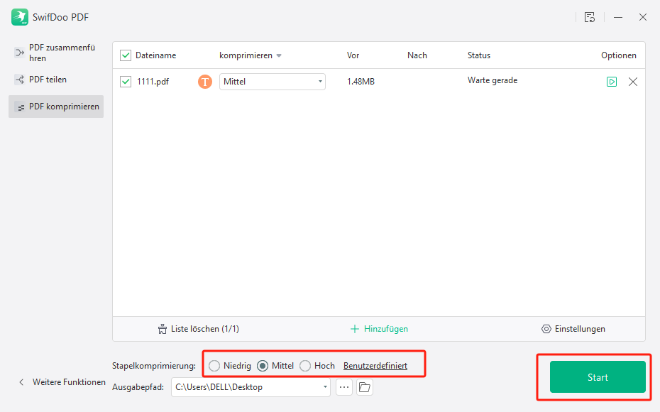 3. Wählen Sie die Komprimierungsstufe und klicken Sie auf Start.