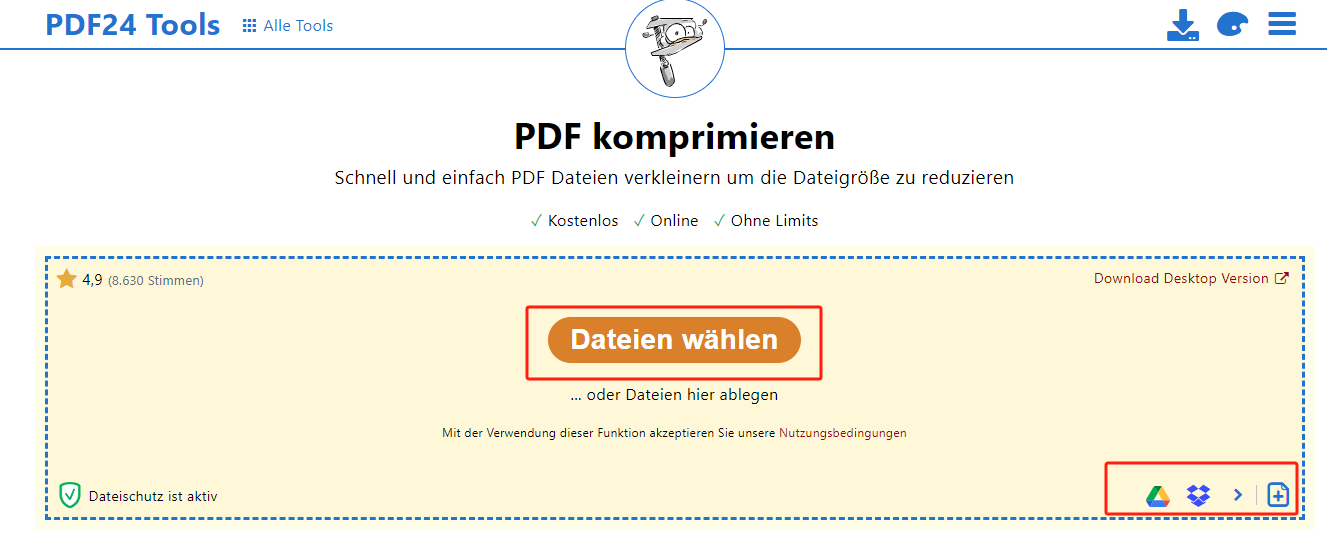 Laden Sie Ihre PDF-Datei in den Arbeitsbereich von PDF24 hoch. 