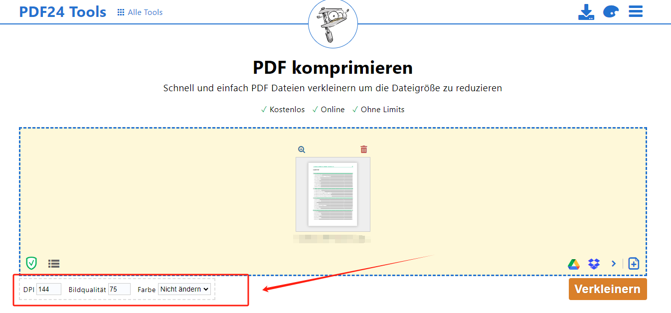 Nachdem Sie Ihre PDF-Dateien hochgeladen haben, können Sie in der unteren linken Ecke die Parameter für die PDF-Komprimierung festlegen. 