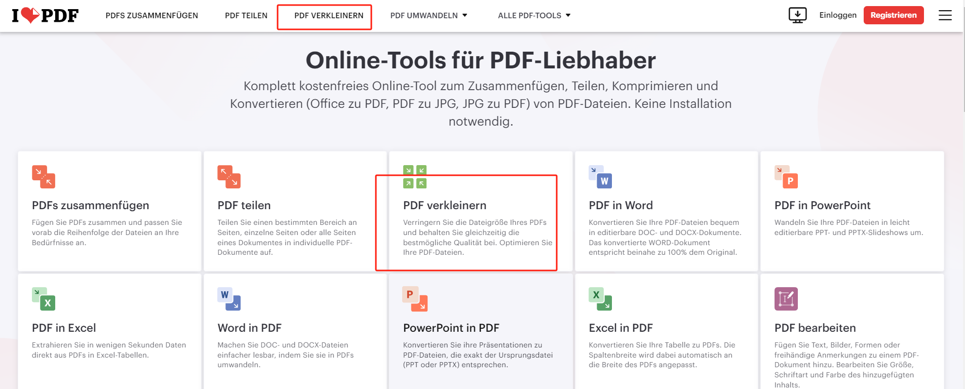 Gehen Sie auf ilovepdf.com/de, und wählen Sie das Tool „PDF verkleinern“.