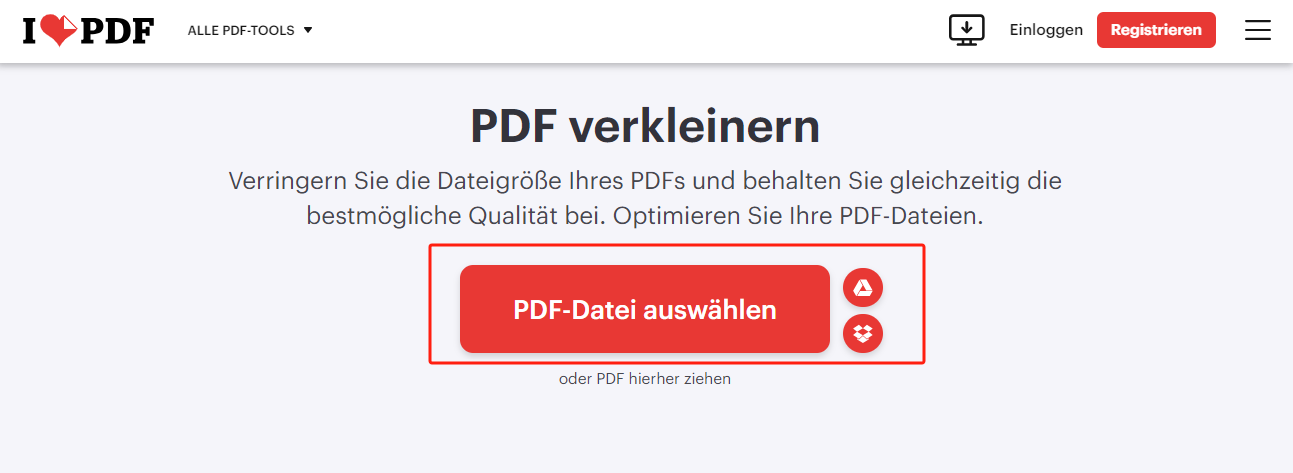 Wählen Sie Ihre PDF-Dateien auf Ihrem Computer aus, um sie in ilovePDF hochzuladen. 
