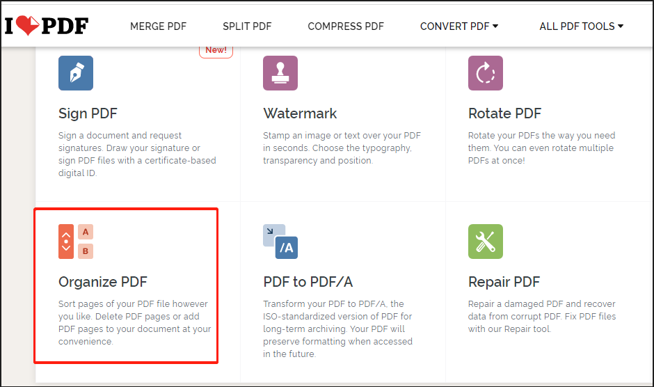 Wählen Sie das Werkzeug PDF organisieren;