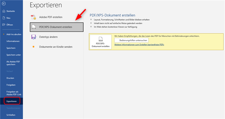 PDF/XPS-Dokument erstellen mit Word