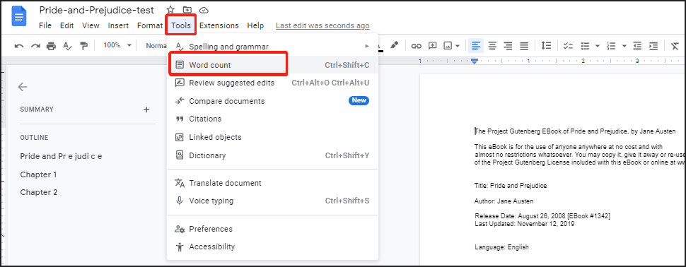 Google Docs word counter do PDF word count step 3