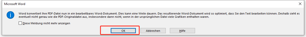 Es erscheint ein Dialog-Fenster. Klicken Sie einfach auf OK und die Konvertierung wird gestartet.