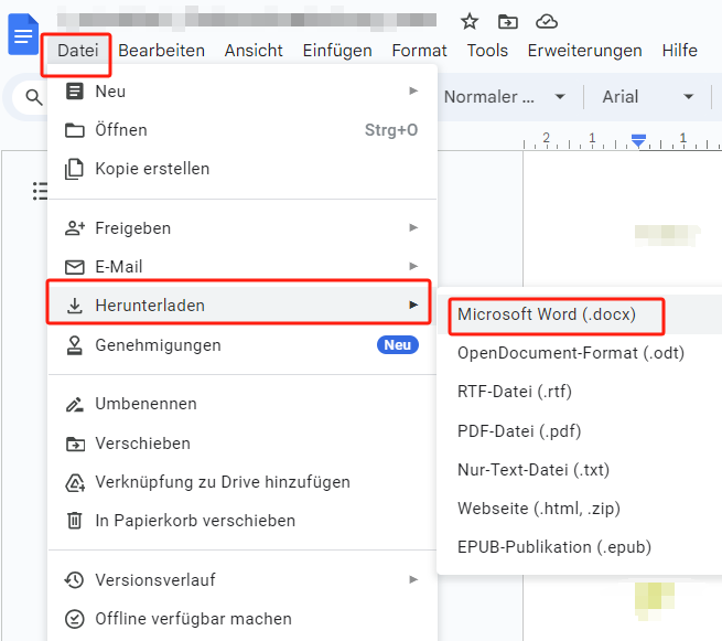 licken Sie in der oberen linken Ecke auf Datei > Wählen Sie Download > Wählen Sie Microsoft Word (.docx), um die Datei als Word-Dokument zu speichern.