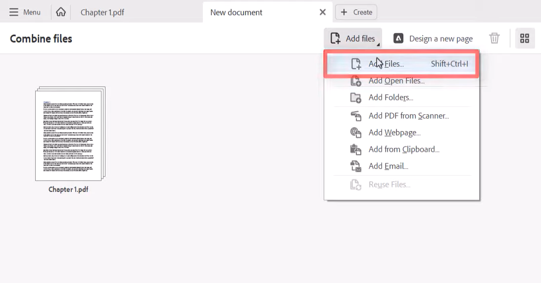 Tippen Sie in Adobe Acrobat Pro DC auf Dateien hinzufügen, um die Dokumente auszuwählen, die Sie in Ihre PDF-Datei aufnehmen möchten.