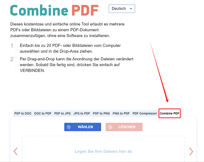 Rufen Sie den PDF-Zusammenführer von Combine PDF in Ihrem Browser auf.