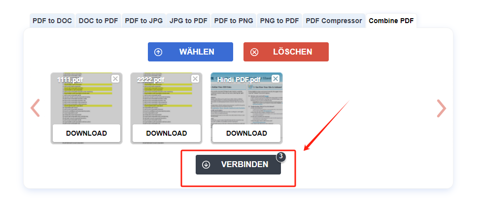 Laden Sie zwei oder mehrere PDF-Datei online über den Button WÄHLEN oder durch Drag & Drop hoch. Dann klicken Sie auf VERBINDEN.